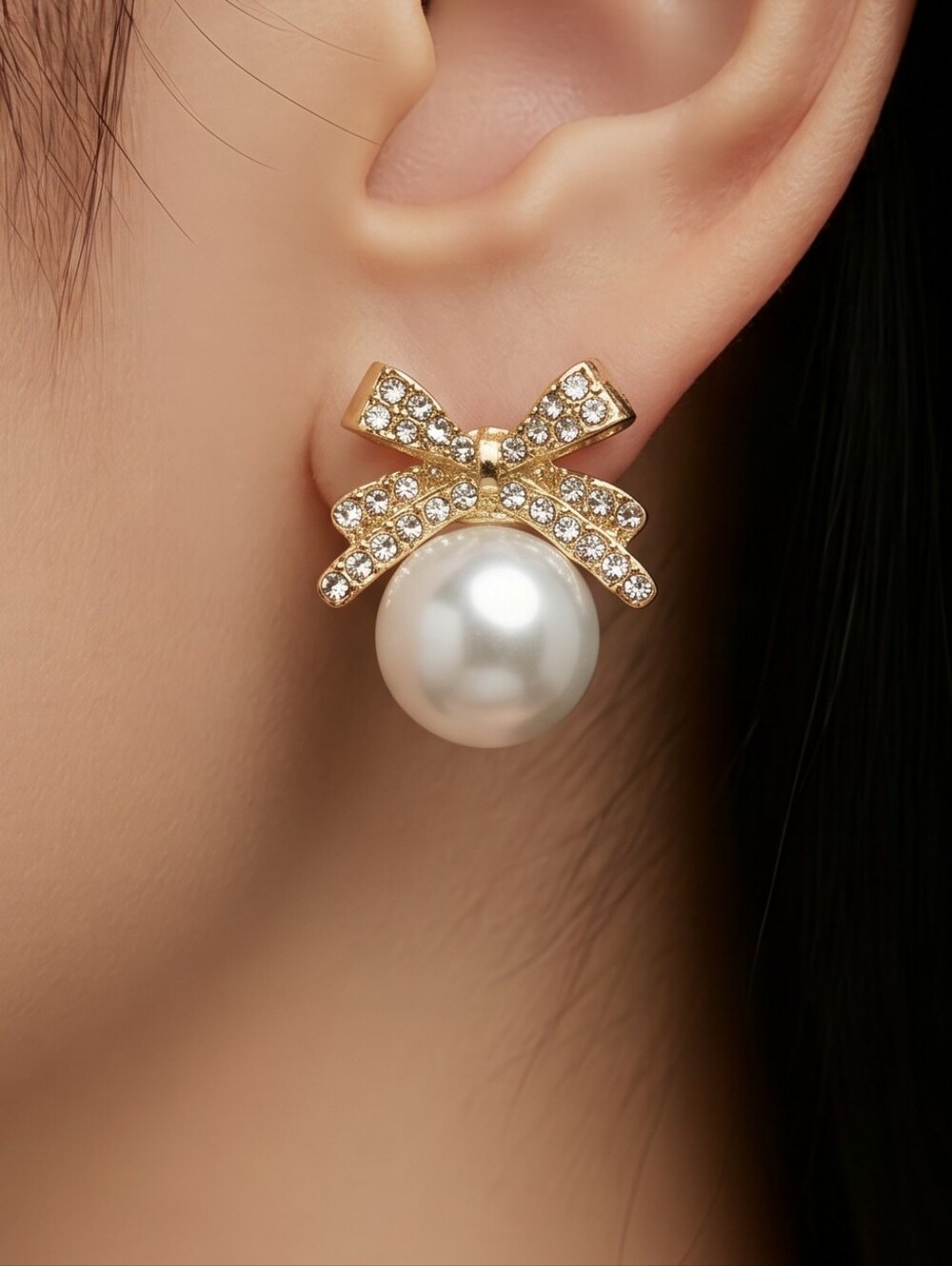 White Pearl Bow Stud Earrings Gold Rhinestone Coquette Balletcore Jewelry Bridal